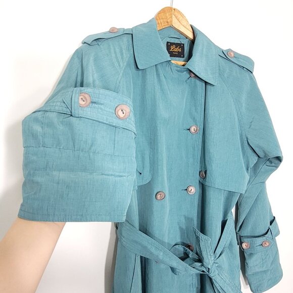 Luba Paris Vintage Teal Green Trench Double Breasted Tie Waist Long Sleeve Coat - Picture 5 of 14
